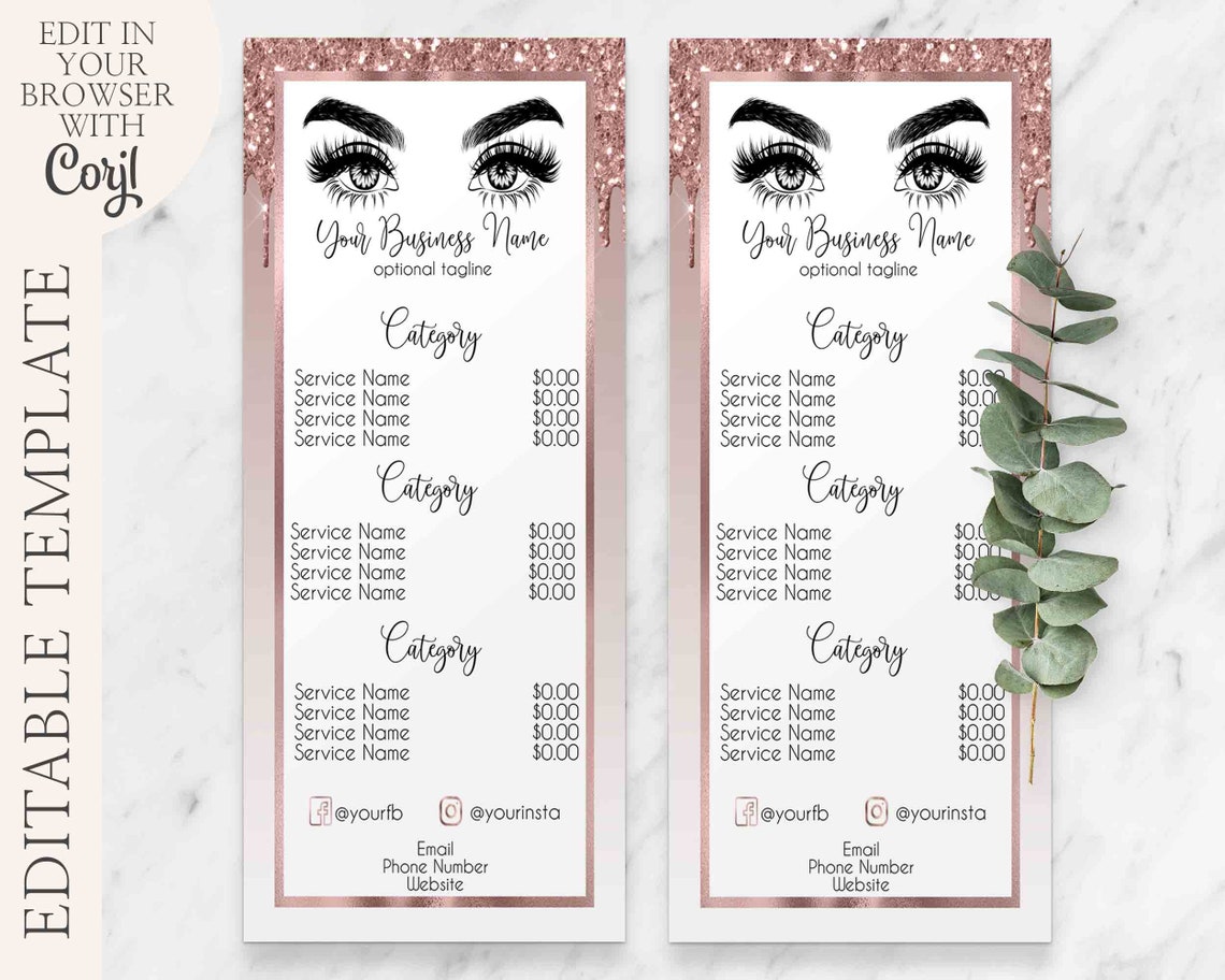 Salon Menu Lash Price List Price List Template Makeup Price Etsy