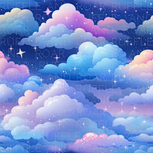 Rainbow Clouds Seamless Pattern Starry Night Galaxy Magical