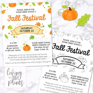 May include: A printable flyer for a Fall Festival at Sugar Creek School. The flyer is decorated with fall leaves and pumpkins. The text on the flyer reads "Fall Festival" and "Saturday, October 22". The flyer also includes information about the event, such as the time, admission price, and location.