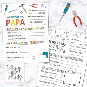 Fathers Day Gift for Papa, All About My Papa, Fathers Day Card for Papa, All About My Papa Printable, Tool Fathers Day Card