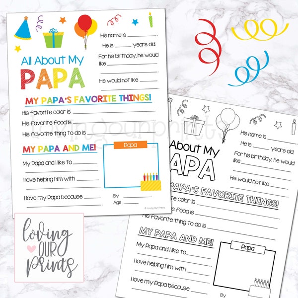 All About My Papa, All About My Papa Printable, Papa birthday card, Birthday gift for Papa, Papa gifts, Papa gifts from grandkids