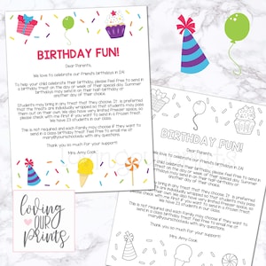 Carta de regalo de cumpleaños para padres, carta editable de regalo de cumpleaños en el aula a los padres, golosinas de cumpleaños de clase, carta de regalo de cumpleaños de la escuela