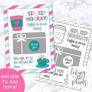 Sip Sip Hooray Tag, Sip Sip Hooray Coffee Tag, Bewerkbare Gift Tags Afdrukbaar, Einde van het Schooljaar Cadeaus voor Leraar, Leraar Waardering