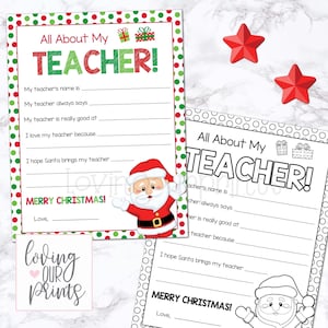 Todo sobre mi maestro en Navidad, regalos de Navidad para maestros, tarjeta de Navidad para maestros, tarjeta de Navidad para maestros imprimible, cuestionario para maestros