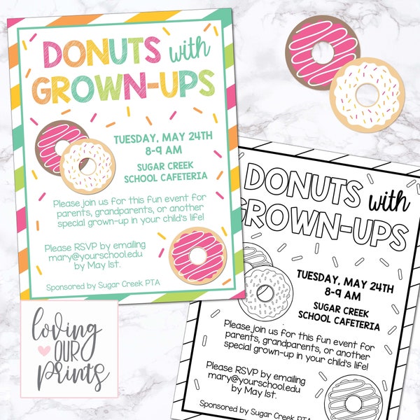 Donuts with Grownups, Donuts with Grownups Invitation, Donuts with Grownups Flyer, Donuts with Grownups Editable Invitation, School Event