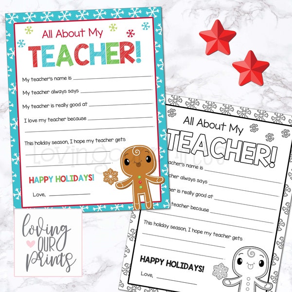 Teacher Holiday Gifts, All About My Teacher Christmas, Teacher Holiday Card, Christmas Card Teachers Printable, Teacher Questionnaire