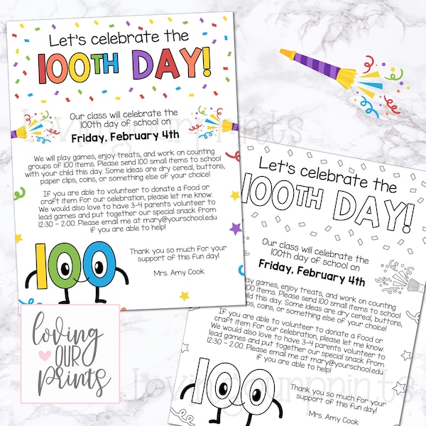 Editable 100th day of school flyer, 100th day of school parent letter, 100 days of school, 100th day party, 100s day, 100th day of school