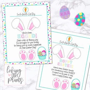 May include: Two printable Easter cards featuring bunny ears and paw prints. The first card says "You've been EGGED! Just a bit of Bunny joy I've brought to you today to bring you so much happiness on this Easter Day!" The second card says "HOPPY EASTER! Here's some Easter treats for somebunny extra SWEET! I hopped on by just to say, have a happy Easter day!"
