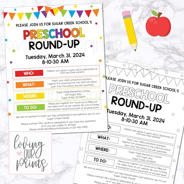 Editable Preschool Round Up Flyer, Preschool Enrollment, Preschool Registration, Preschool Flyer Template, Preschool Roundup Flyer