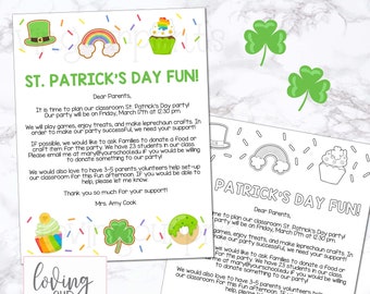 Editable St Patricks Day Class Flyer, St Patricks Day Party Flyer, Classroom St Patricks Day, Letter to Parents St Patricks Day, St Paddys
