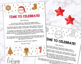 May include: A printable classroom holiday party invitation with a festive red and green color scheme. The invitation features a Santa Claus illustration, gingerbread cookies, candy canes, and a Christmas tree. The text reads "Time to Celebrate!" and includes details about the party date, time, and location.