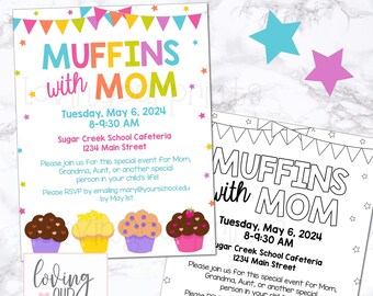Editable Muffins with Mom Flyer, Muffins with Mom Flyer Editable Template, Editable Muffins with Mom Invitation, Mothers Day Party Invite,