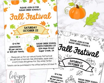 May include: A printable flyer for a Fall Festival at Sugar Creek School. The flyer is decorated with fall leaves and pumpkins. The text on the flyer reads "Fall Festival" and "Saturday, October 22". The flyer also includes information about the event, such as the time, admission price, and location.