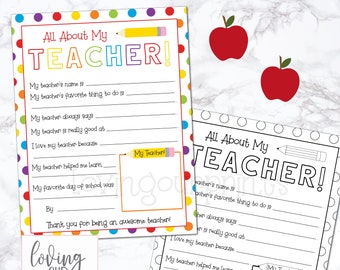 Teacher Appreciation Week Printable, All About My Teacher, Teacher Thank You, Teacher Appreciation Gift, Teacher Survey, Teacher Fill In