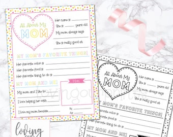 May include: Printable Mother's Day activity for kids to fill out about their mom. The printable features a heart with the words "All About My Mom" and a colorful polka dot background. The printable includes questions like "Her favorite color is", "Her favorite food is", "Her favorite thing to do is", "My mom and I like to", "I love helping her with", and "I love my mom because".