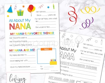 Nana birthday gift, All About Nana, Nana birthday, Nana birthday card, All About My Nana, Birthday gift for Nana, Nana printables