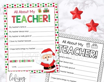 All About My Teacher Christmas, Teacher Christmas Gifts, Christmas Teacher Card, Christmas Card Teachers Printable, Teacher Questionnaire