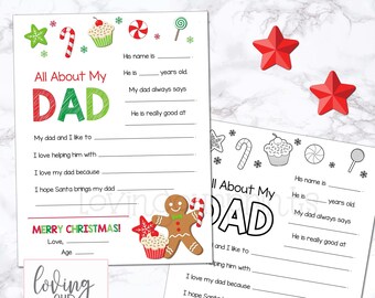 May include: A printable Christmas activity for kids to fill out about their dad. The printable features a gingerbread man, candy canes, cupcakes, and stars. The text on the printable says "All About My Dad" and "Merry Christmas!"