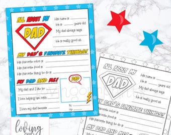 All About My Dad, Fathers Day Questionnaire, Fathers Day Gift, Fathers Day Printable, Fathers Day Card, Fathers Day Questions