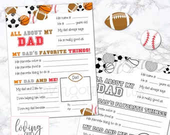 May include: Printable "All About My Dad" activity sheet with a sports theme. The sheet has fill-in-the-blank questions about the dad's favourite things and about the child's relationship with their dad. The sheet is decorated with a variety of sports balls, including baseballs, footballs, and soccer balls.