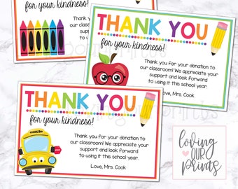 Thank you note from teacher, Editable Thank You, Back to school thank you, Teacher Thank you Note, Classroom donation thank you notes,