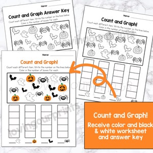 May include: Black and white printable Halloween-themed worksheet for kids. The worksheet includes a count and graph activity with images of pumpkins, bats, and ghosts. The worksheet also includes an answer key.