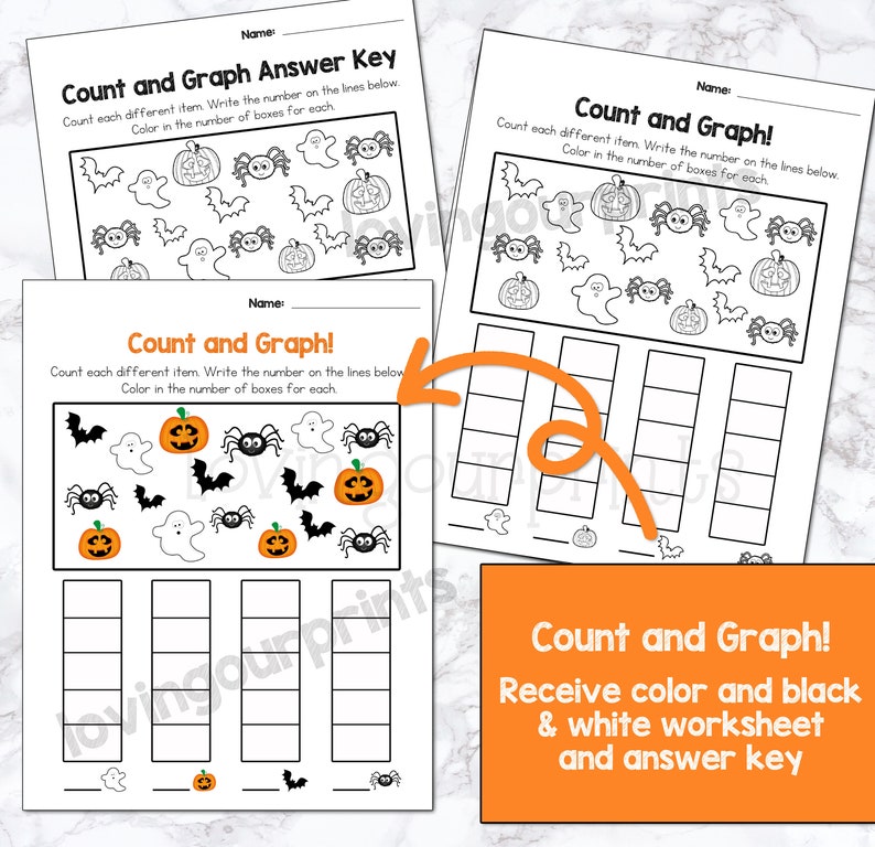 May include: Black and white printable Halloween-themed worksheet for kids. The worksheet includes a count and graph activity with images of pumpkins, bats, and ghosts. The worksheet also includes an answer key.