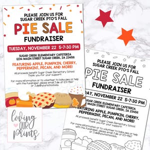 Puede incluir: Un folleto imprimible para una venta de pasteles para recaudar fondos en la escuela primaria Sugar Creek. El folleto presenta una ilustración colorida de pasteles y el texto "Únase a nosotros para la venta de pasteles de otoño de Sugar Creek PTO. Martes 22 de noviembre, de 5:00 p. m. a 7:30 p. m. Cafetería de la escuela primaria Sugar Creek, 1234 Main Street Sugar Creek, IA 23456. Con manzana, calabaza, cereza, menta, nuez pecana y más. Todas las ganancias benefician a la escuela primaria Sugar Creek. ¡Gracias por su apoyo! Para obtener más información o para ser voluntario para hornear pasteles o ayudar con la recaudación de fondos, envíe un correo electrónico a Julie al 123-4567 o a Jule@yourschooledu."