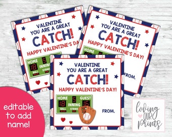 May include: Three printable Valentine's Day cards with a baseball theme. The cards feature a baseball scoreboard, a baseball glove, and the text "Valentine you are a great catch! Happy Valentine's Day!"