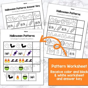 May include: Black and white printable Halloween pattern worksheet with a title that says "Halloween Patterns". The worksheet has a variety of Halloween themed images including ghosts, bats, candy corn, witches hats, spiders, and brooms. The worksheet is designed for children to cut and glue the images to complete the patterns.