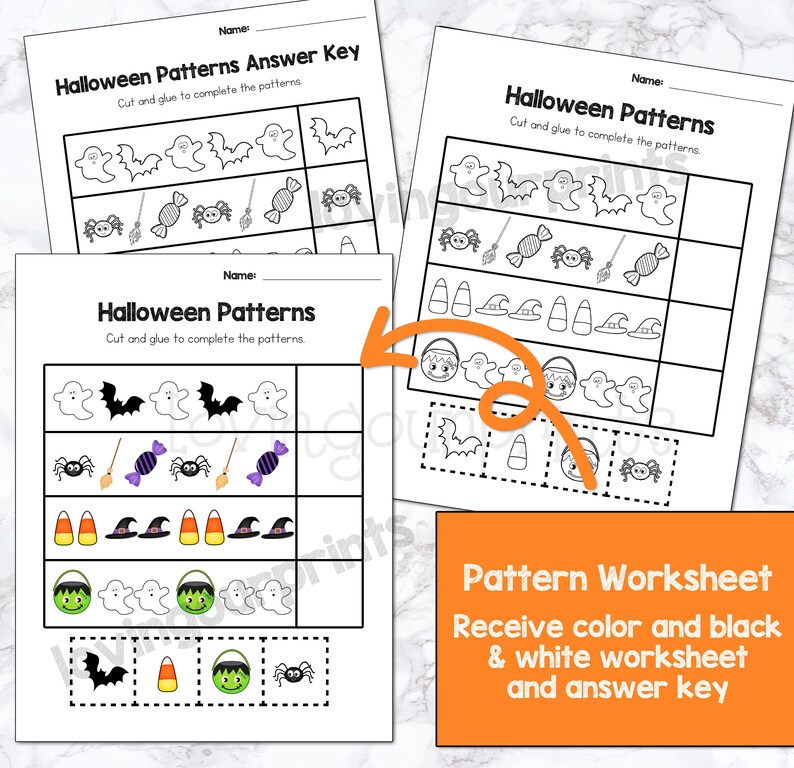 May include: Black and white printable Halloween pattern worksheet with a title that says "Halloween Patterns". The worksheet has a variety of Halloween themed images including ghosts, bats, candy corn, witches hats, spiders, and brooms. The worksheet is designed for children to cut and glue the images to complete the patterns.