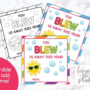 May include: Three rectangular gift tags featuring the text YOU BLEW US AWAY THIS YEAR! One tag is a black and white colouring page version, while two are in full colour with a yellow sun wearing green sunglasses and light blue bubbles.