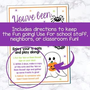 May include: A printable Halloween "You've Been Booed" sign featuring a ghost holding a pumpkin and a spider hanging from a string. The sign includes instructions for a fun Halloween game.