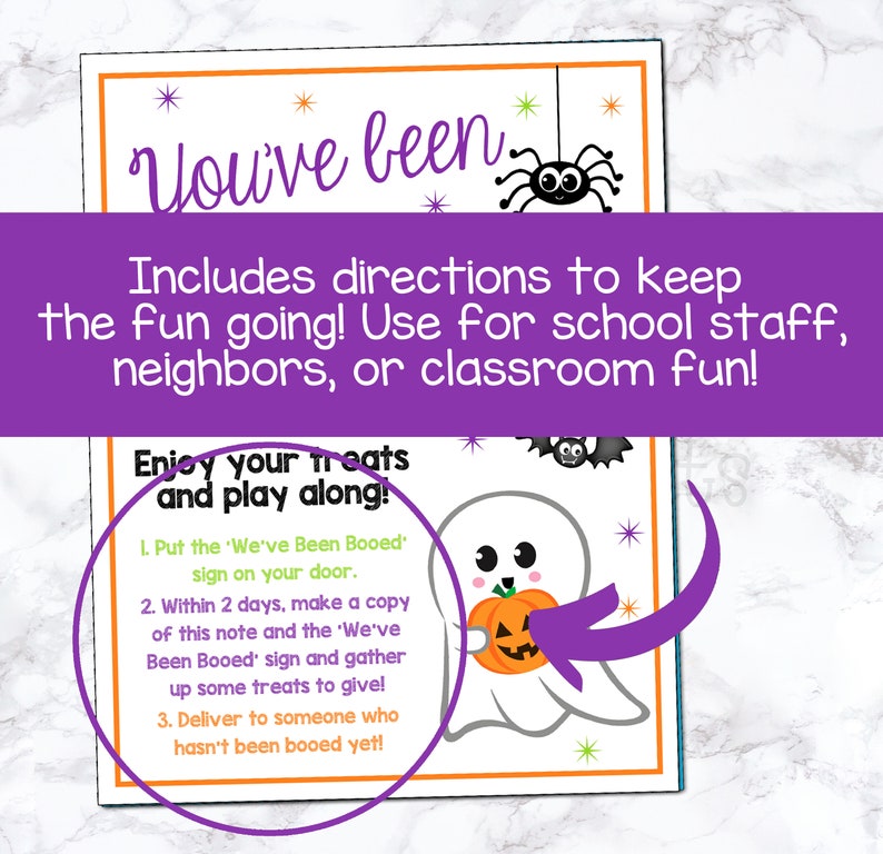 May include: A printable Halloween "You've Been Booed" sign featuring a ghost holding a pumpkin and a spider hanging from a string. The sign includes instructions for a fun Halloween game.