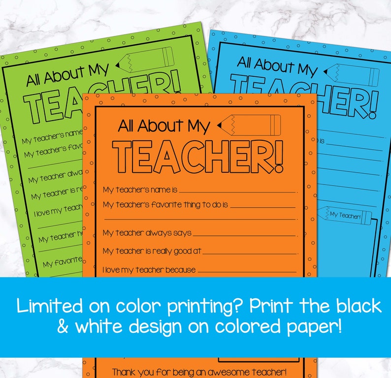 Teacher Appreciation Gift Printable, All About My Teacher Printable ...