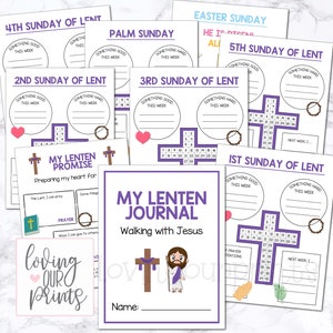 Puede incluir: Un diario de Cuaresma imprimible para niños con un esquema de color morado y blanco. El diario incluye una portada con un dibujo animado de Jesús llevando una cruz, una página para cada domingo de Cuaresma y una página para una promesa de Cuaresma. El diario también incluye el texto "Mi diario de Cuaresma" y "Caminando con Jesús".