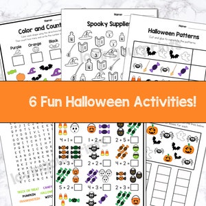 May include: Six printable Halloween activity sheets for kids. The sheets include a color and count activity, a spooky supplies counting activity, a Halloween patterns activity, a word search, a Halloween math activity, and a count and graph activity.