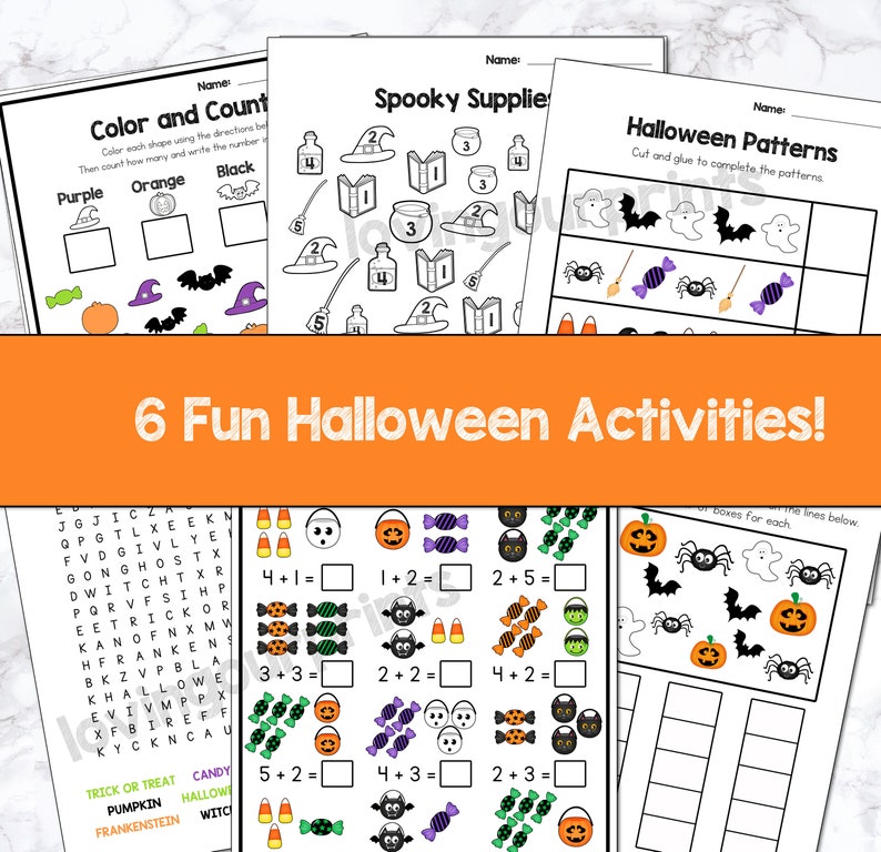 May include: Six printable Halloween activity sheets for kids. The sheets include a color and count activity, a spooky supplies counting activity, a Halloween patterns activity, a word search, a Halloween math activity, and a count and graph activity.