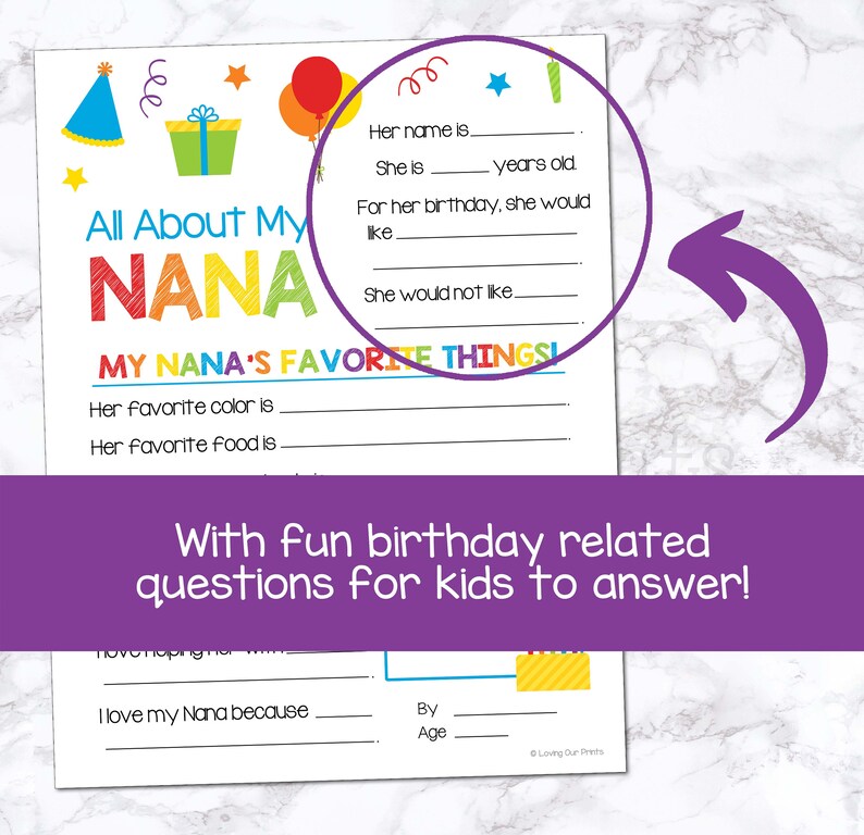 May include: A printable worksheet with colorful illustrations of a birthday hat, a gift box, balloons, and a candle. The worksheet is titled "All About My Nana" and includes questions for kids to answer about their Nana, such as her name, age, favorite color, and favorite food. The worksheet also includes a section for kids to write about why they love their Nana.