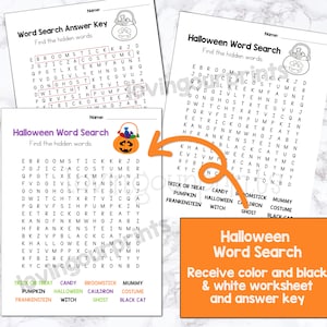 May include: A printable Halloween word search puzzle with a black and orange color scheme. The puzzle features a pumpkin with a witch's hat and a cauldron. The words to find are: trick or treat, candy, broomstick, mummy, pumpkin, Halloween, cauldron, costume, Frankenstein, witch, ghost, and black cat.