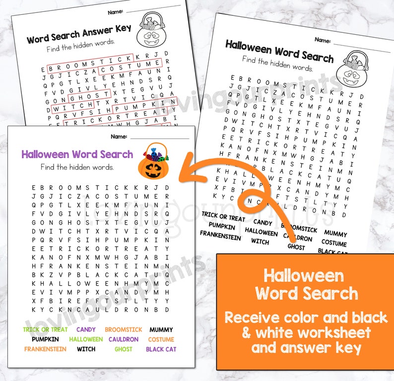 May include: A printable Halloween word search puzzle with a black and orange color scheme. The puzzle features a pumpkin with a witch's hat and a cauldron. The words to find are: trick or treat, candy, broomstick, mummy, pumpkin, Halloween, cauldron, costume, Frankenstein, witch, ghost, and black cat.