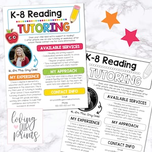May include: A colorful flyer advertising K-8 reading tutoring services. The flyer features a smiling woman, a red apple, and a pencil. The text on the flyer reads "K-8 Reading Tutoring" and includes information about the tutor's experience, approach, and contact information.
