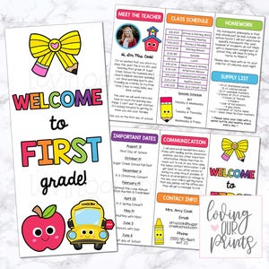 Op de afbeelding: Een drieluik brochure voor de eerste klas met een gele potloodstrik, een rode appel met een gezicht en een gele schoolbus. De tekst bevat Welcome to First Grade, Meet the Teacher, Class Schedule, Homework, Supply List en Important Dates.
