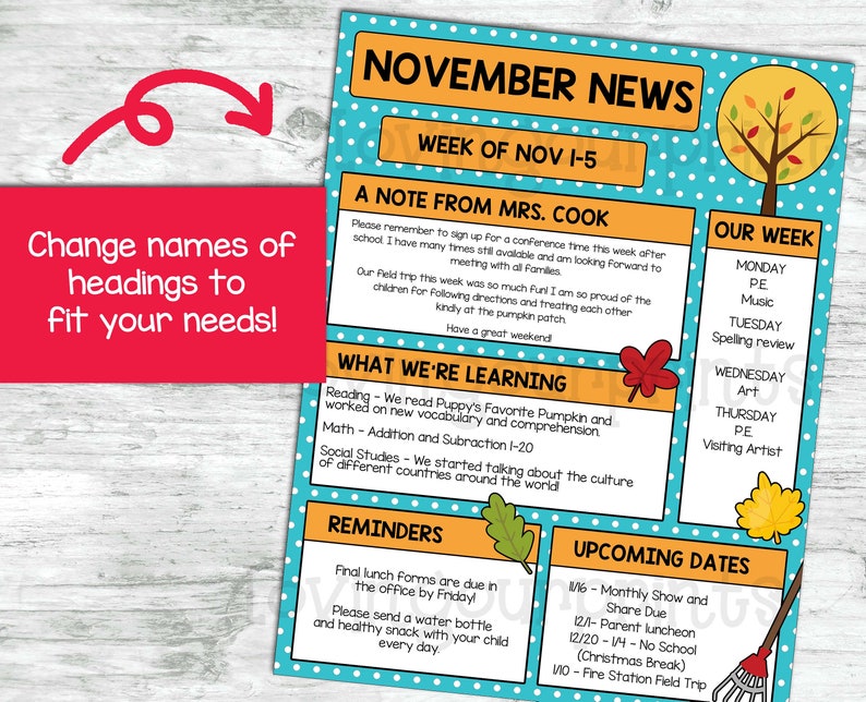 Editable november newsletter template editable teacher etsy