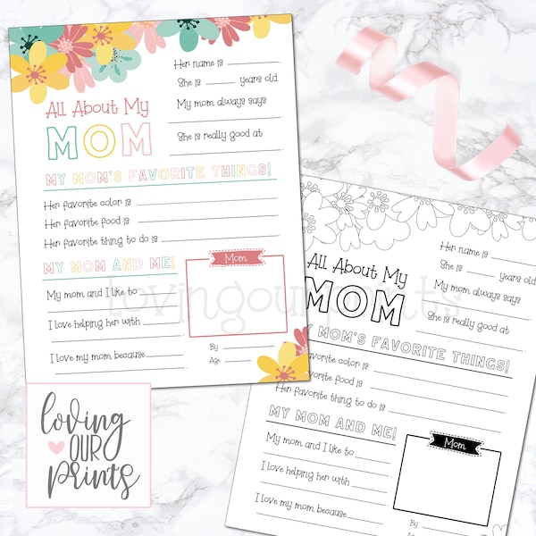 Mothers Day Questionnaire, Mothers Day Gift, Mothers Day Printable, Mothers Day Questions for Kids, Mothers Day Card, All About Mom Survey