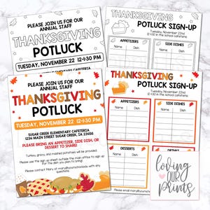May include: Two printable Thanksgiving potluck sign-up sheets with a festive autumn theme. The sheets include sections for appetizers, side dishes, desserts, and drinks. The text on the sheet reads "Thanksgiving Potluck Sign-Up" and includes the date and time of the event.
