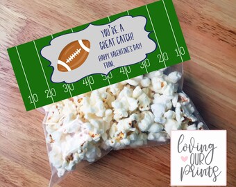 May include: A green and white printable gift tag with a football design. The tag says "You're a great catch! Happy Valentine's Day! From..." and has a football field design with yard lines.