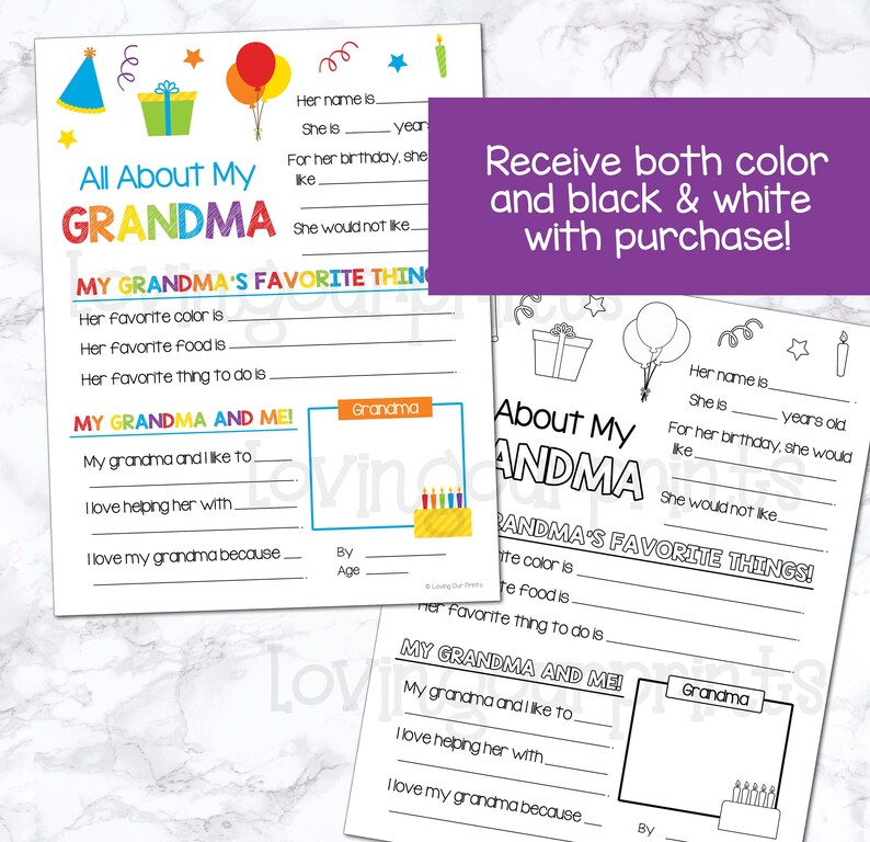 May include: Printable worksheet for kids to learn about their grandma. The worksheet has colorful illustrations of presents, balloons, and a birthday cake. The worksheet asks questions like "Her name is...", "She is... years old", "For her birthday, she likes...", "She would not like...", "Her favorite color is...", "Her favorite food is...", "Her favorite thing to do is...", "My grandma and I like to...", "I love helping her with...", "I love my grandma because..."