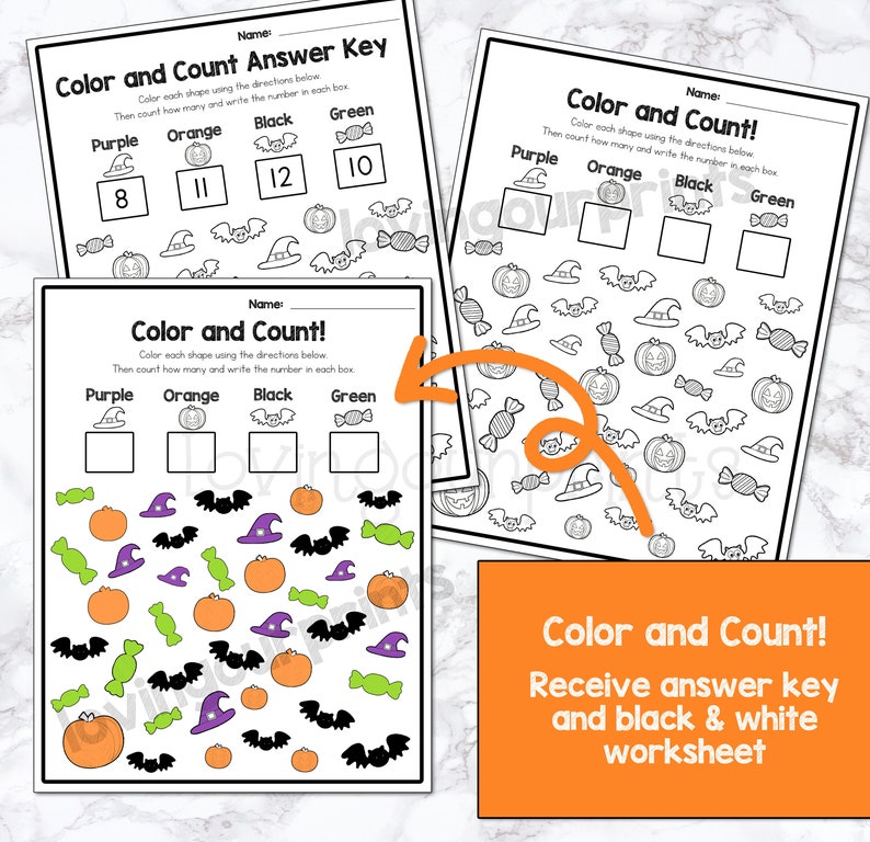 May include: Black and white printable Halloween-themed worksheet with a color and count activity. The worksheet features bats, pumpkins, witches' hats, and candy. The instructions are to color each shape using the directions below and then count how many of each shape there are.