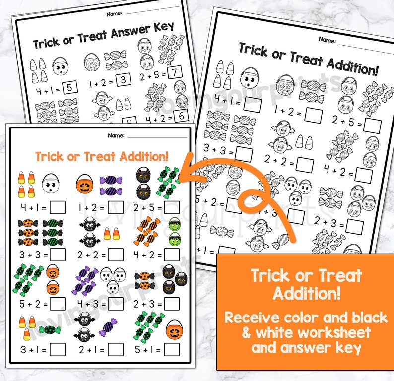 May include: Black and white printable worksheet for kids featuring a Halloween theme with trick or treat bags, candy, and ghosts. The worksheet includes addition problems for kids to solve. The text on the worksheet says "Trick or Treat Addition!"